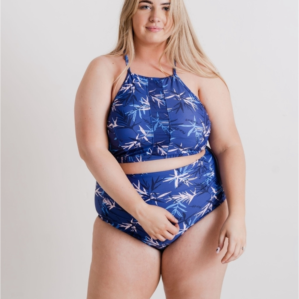 NWT 2XL High Waist Ruched Bikini Swimsuit Bottom Blue Palm - Picture 3 of 16